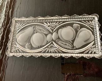 $20 - Etched glass tray with fruit; 13” x 7”