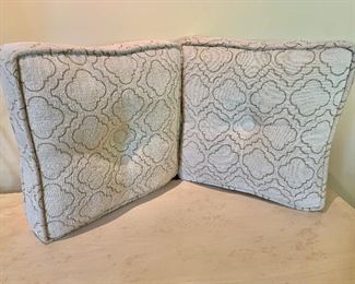 $80 - Pair of custom square velour print pillows with corded edges and button detail; 17” x 17”