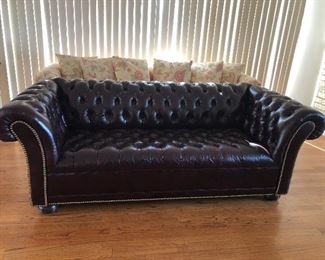 Deep Mahogany brown Chesterfield style Leather sofa, this tufted, brass studded beauty is 6.5' Long and 3"deep with matching chair separately Sofa $800, Chair $250, as a set $900....BUY IT NOW, this won't be here long