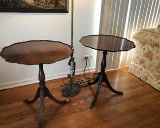 Pair of Queen Anne Pie Crust side tables with brass feet, need painting or refinishing on top. BUY IT NOW $60 Pair