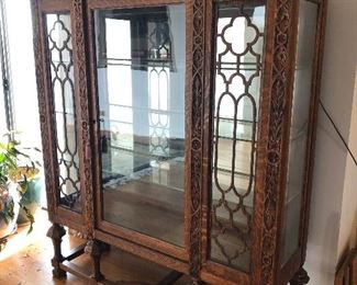 Beautiful Carved Tiger Oak Curio Cabinet with one center keyed door 53.5" W x 65" W x 18.5 D BUY IT NOW $600