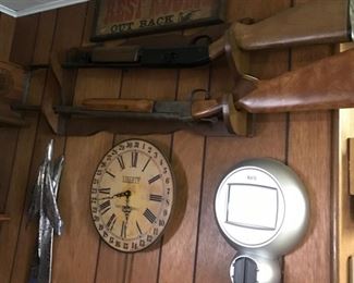 Winchester-model 37 A single barrel  20 gauge shot gun with gold trigger, 28” barrel.     22 caliber pellet gun, car hood mount, old sign, and clock