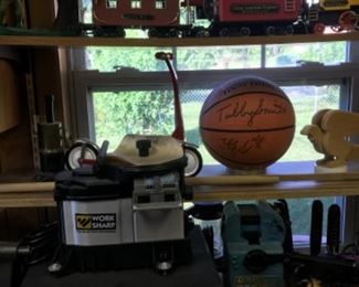 Signed a UK basketball by Tubby Smith, Tool sharpener, old cast iron bank, Trains 