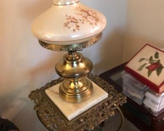 Brass table with marble insert. 