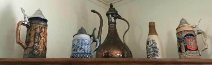 Beer steins, tin over copper 16 tall Euwer