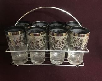 Vintage frosted glasses in carrier.