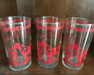 Vintage cottage cheese glasses with Man O War advertising