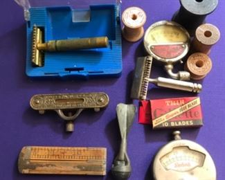 Vintage razors, snap bang toy, levels, and gauges