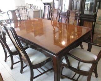 Gorgeous Dining Room Set/8-Chairs & 2-15" Leaves:      Stunning Chinoserie-Style in 2-Tone Finish, Carved Chair Detail on Back Splat, Upholstered Seats.  70" X 46" X 29" high.  Overall Size with Leaves 100" X 46"