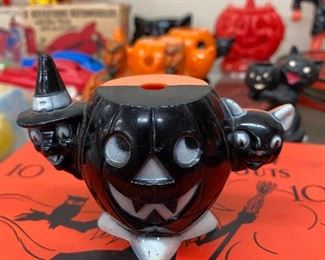Black and Orange Cat, Witch and Pumpkin Candy Container 