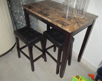 Marble Top Pub Style Table with Two Leather Benches