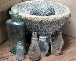 Molcajete Stone Mortar And Pestle (Has Chip On One Foot) And Antique Glass Pharmaceutical Bottles