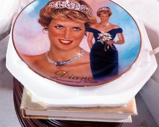 Bradford Exchange Collectible Princess Diana Round Ceramic Qty 4, Oval Wood Framed Plates Qty 5 And Commemorative Edition Of "Diana Her True Story"