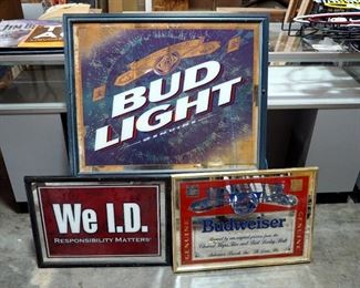 Framed Budweiser Mirrored Bar Sign 18"x25", Framed Beveled Glass Mirrored Bud Light Bar Sign 26.5"x33" And "We ID" Bar Sign 17.5"x23.5"