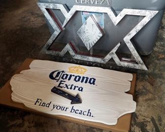Lighted Dos Equis Beer Sign 14.5"x23.5" And Corona Extra Painted Wood Sign 12" X 23"