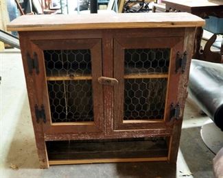 Wood Nail Keg18"x13" And Painted Barn Wood Wall Cabinet 24.5"x26"x8.5"