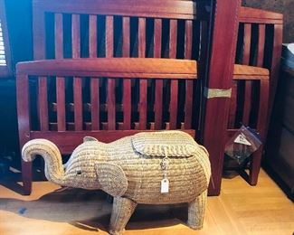 Full size mahogany bed frame with side rails & slats, wicker elephant basket (36" long)