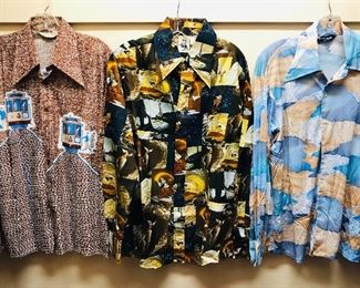 1970s men’s disco shirts - middle one is by Kennington & features scenes from “Fantasia” with Mickey Mouse as the wizard! All size large.