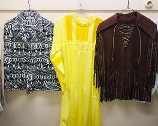 More vintage clothes: Guatemalan woven jacket, long yellow Mexican dress, suede poncho vest with fringe