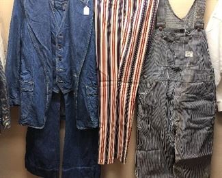 Vintage clothes: 1970s 3-piece denim suit by Lee (size 42L), patriotic striped pants, new old stock Big Mac overall (36” x 32”L), 2-tone men’s boots by Nunn Bush (size 11.5)