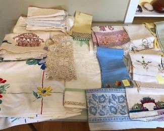 Vintage linens: New oldstock Irish damask linen tablecloth (72" x 90"), damask napkins, screenprint tablecloths, vintage crocheted pillow cover, embroidered tea towels & many more