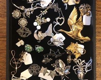 LOTS of jewelry! Costume & better pieces - some sterling including Coro sterling w/ gold vermeil goose brooch, other fun earrings & pins