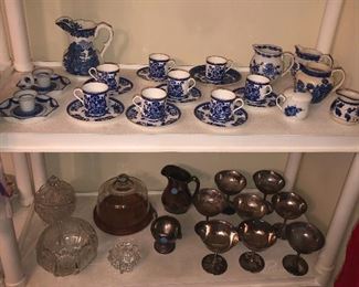 Blue & white china including Copeland demitasse cups & saucers, transferware pitcher, Meissen Cauldon & Buffalo pottery creamers, Royal Copenhagen mustard pot, silver plate goblets