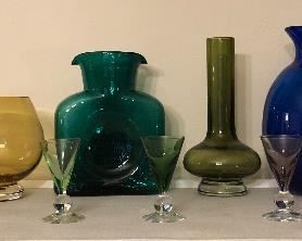 Colorful glass including green Blenko water pitcher