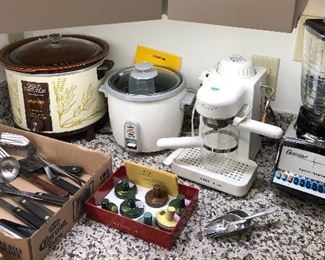 Small appliances: 6 qt. Crock Watcher, Zojirushi rice cooker, Krups IL Primo espresso maker, Osterizer blender, utensils including Flint, Rycraft cookie stamps