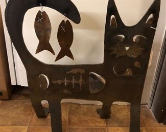 Artist-made metal cat sculpture (20”H, 18”L)