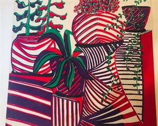 1970s silkscreen fabric on wooden stretcher bars, 30” square, signed “Uly”.