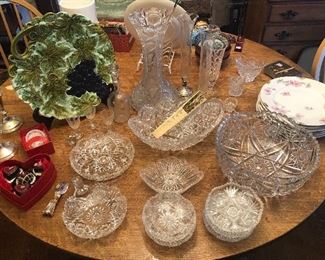 Silverplate candlesticks, majolica plate, cut crystal bowls & vases, 6 Haviland Limoges plates with pink poppies