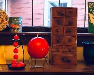 Cute tins, brass car horn, brass pyramid bookends, fun candle holders, spice box, vintage Italian paisley planter by Rosenthal Netter (N.B. Blue pot to the right of spice box is NFS - family decided to keep it)