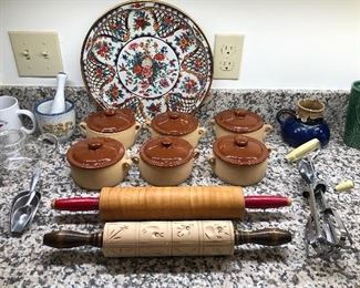 More kitchen items: York oven proof casseroles, rolling pins, mortar & pestle, scoops & more