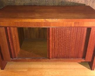 Mahogany low cabinet with tambour doors - very heavy (43”L, 25”H, 20”D)
