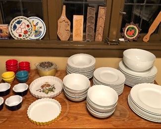 Emile Henri custard cups, tart pans, wooden springerle molds, Pier One “luminous white porcelain” dishes