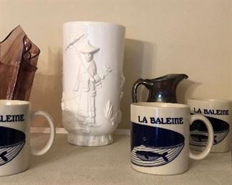 Purple glass handkerchief vase, Fenton “Mandarin” milk glass vase, Taylor & Ng baleine (whale) mugs