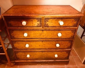 Primitive antique dresser with stencil design (42”L, 40” H, 21”D)