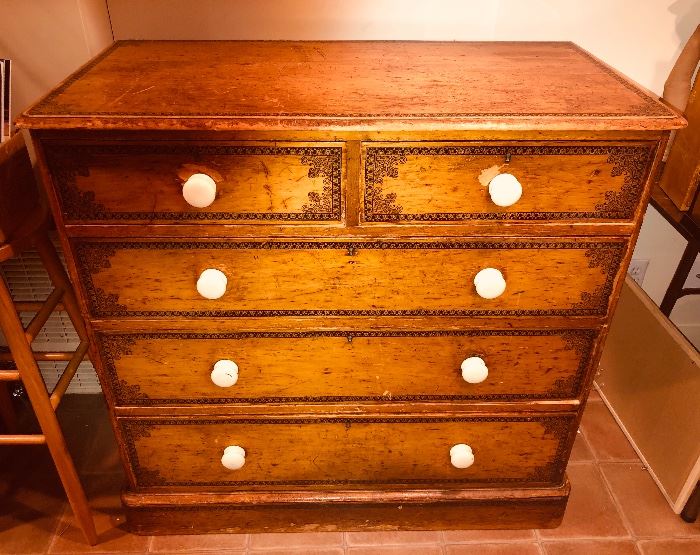 Primitive antique dresser with stencil design (42”L, 40” H, 21”D)