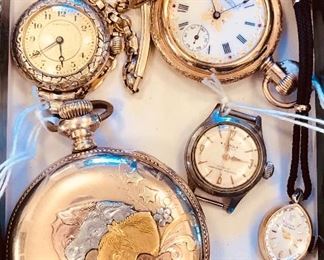 Vintage pocket & wrist watches - Elgin with multi-color GF case with horses, Hamilton GF ladies watch, engraved American Waltham O-size GF hunting case with fancy dial, Leica & Girard Perregaux wristwatches