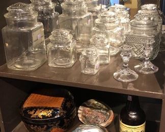Glass apothecary jars (canisters), abalone shells