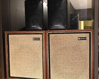 Pair of Criterion 25 bookshelf speakers with walnuts cases, made in Japan (each is 10” x 12” x 7”D), pair of Realistic Minimus-7 speakers
