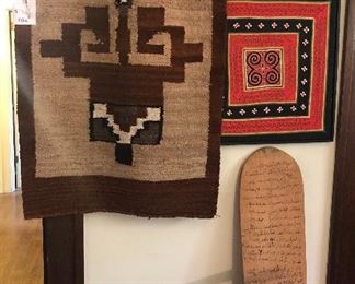 Peruvian wool weavings, Hmong embroidery, Islamic prayer board, African adze (blade taped for safety)