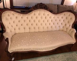 Antique Victorian tufted sofa, nice carved details (76”L, 31”D, 43”H at back)