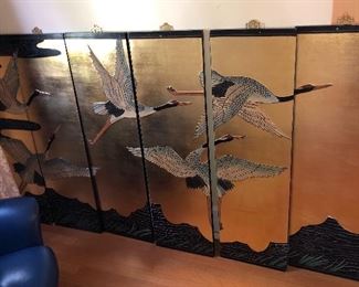 Asian screen with cranes - 6 separate panels, each 12” wide & 42” high (= 72” wide/long when hung together)