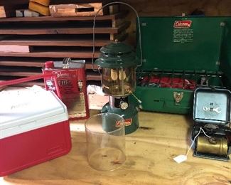 Coleman 425E camp stove, Coleman lantern + extra glass chimney, Primus 8R backpacking stove (Sweden), small Coleman cooler