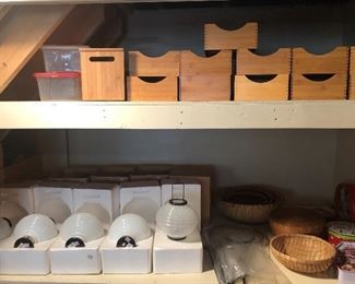 Wooden organizer bins, glass & metal lanterns