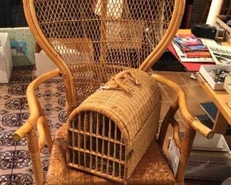 Rattan peacock chair (47” high at back), wicker cat carrier