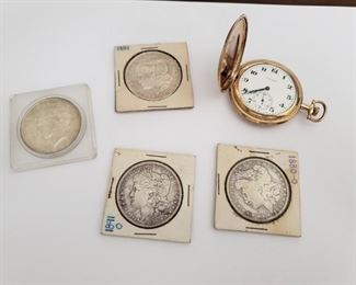 U.S. Silver Dollars and Waltham Gold Plated Pocket Watch