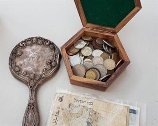 antique sterling silver mirror, international coins 